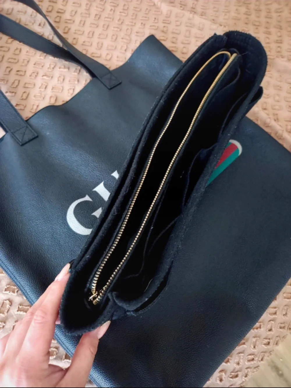 Gucci Black Tote with Green and Red Signature Stripe